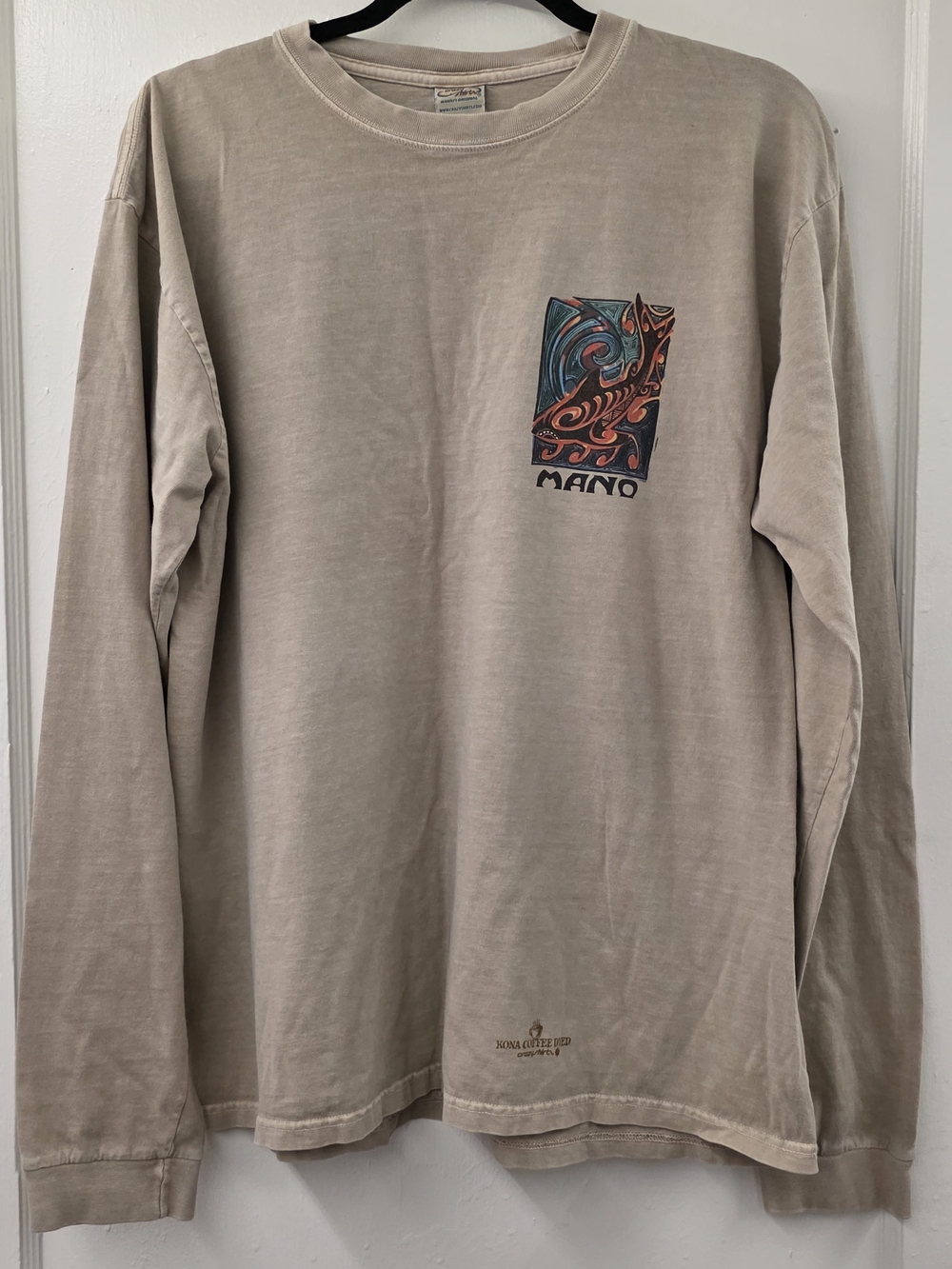 Crazy Shirts Hawaii MANO Shark Long Sleeve T Shirt Large Tan Graphic Back Print